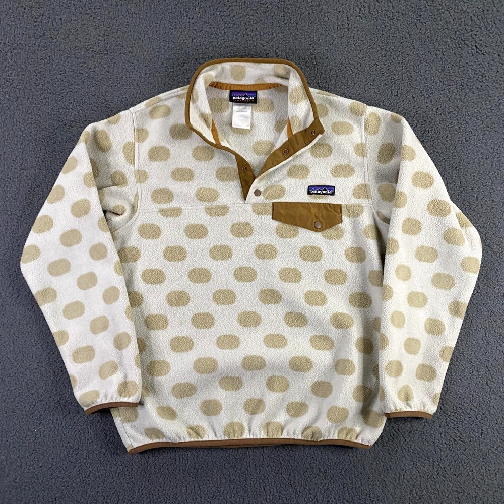 Patagonia Synchilla Snap-T Fleece Pullover Womens Small White Tan Polka Dot